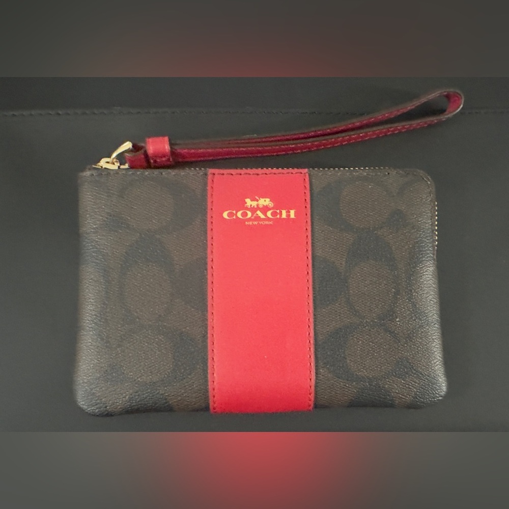 Coach Red and Brown Zip Wristlet